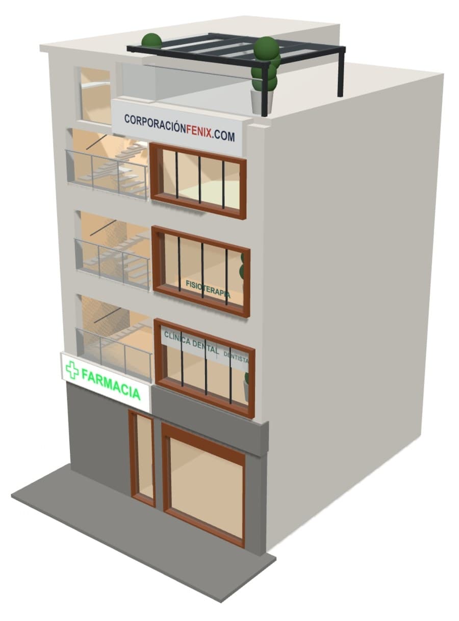 Modelo 3D del edificio Corporación Fénix: farmacia en planta baja, clínica dental, fisioterapia y terraza con pérgola