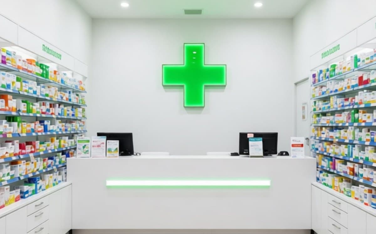 Render del interior de la farmacia: cruz verde luminosa, mostrador y estanterías de productos