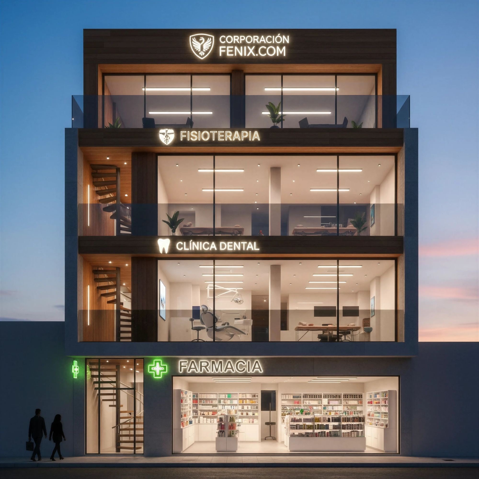 Render de la fachada del edificio en Carapungo: farmacia en planta baja, clínica dental, fisioterapia y oficinas en los pisos superiores.
